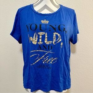 Juicy Couture Vintage Blue Gold “Young, Wild & Free” Graphic Short Sleeve Shirt